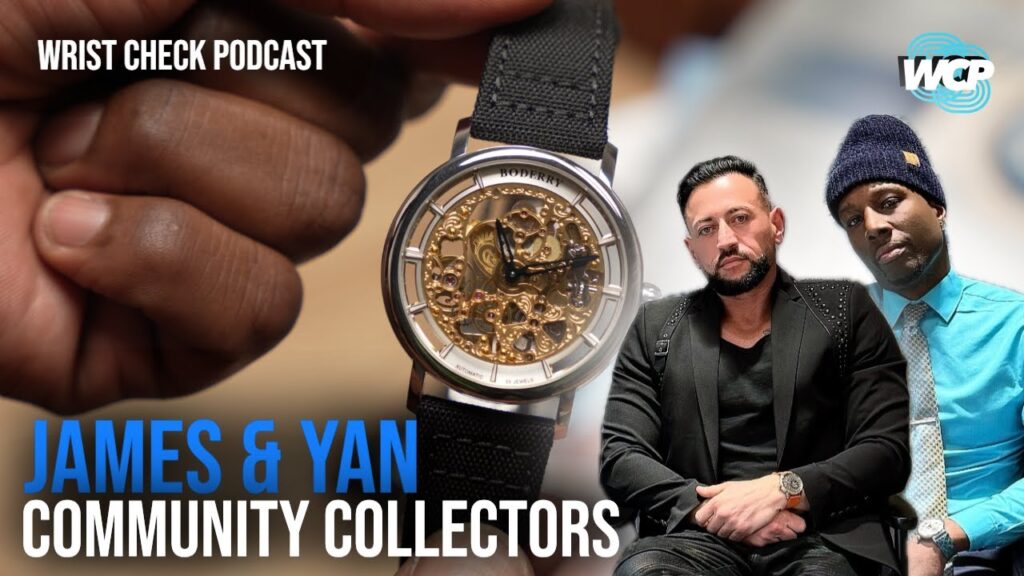 James and Yan seated with Perri and Rashawn on Wrist Check Podcast, discussing rare and independent watches NYC watch collectors James and Yan talking independent watch brands with hosts Close-up of watch collectors James and Yan with unique timepieces on wrist In-studio podcast moment featuring indie watch community insiders James and Yan