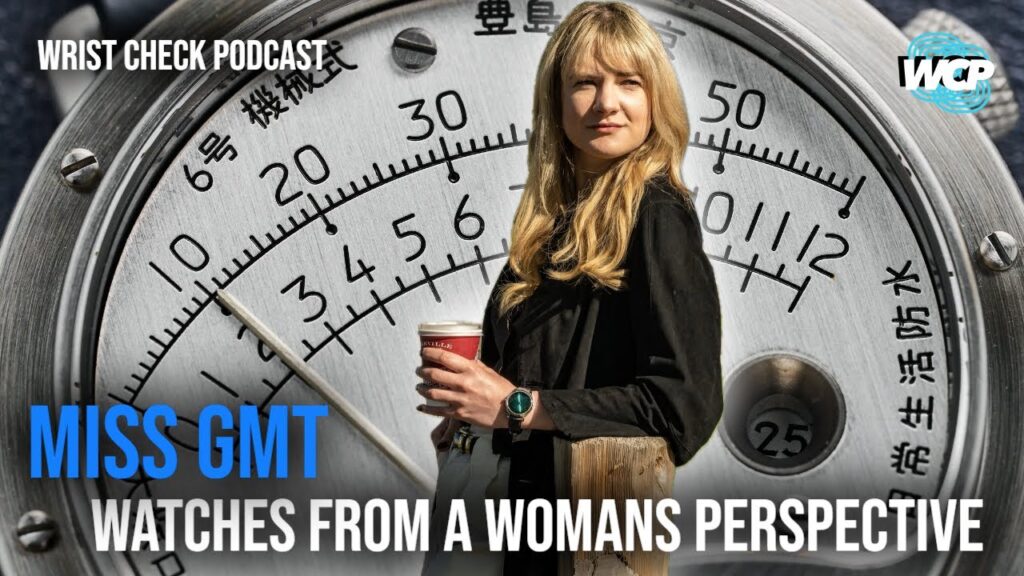 Erica Ratini, aka Miss GMT, seated in studio during her appearance on Wrist Check Podcast, speaking about her watch collection and experiences as a female collector.